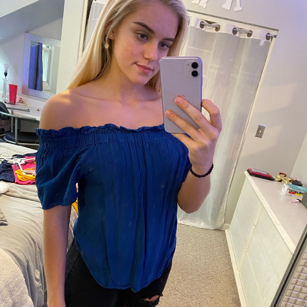 Jean material dressy off the shoulder top